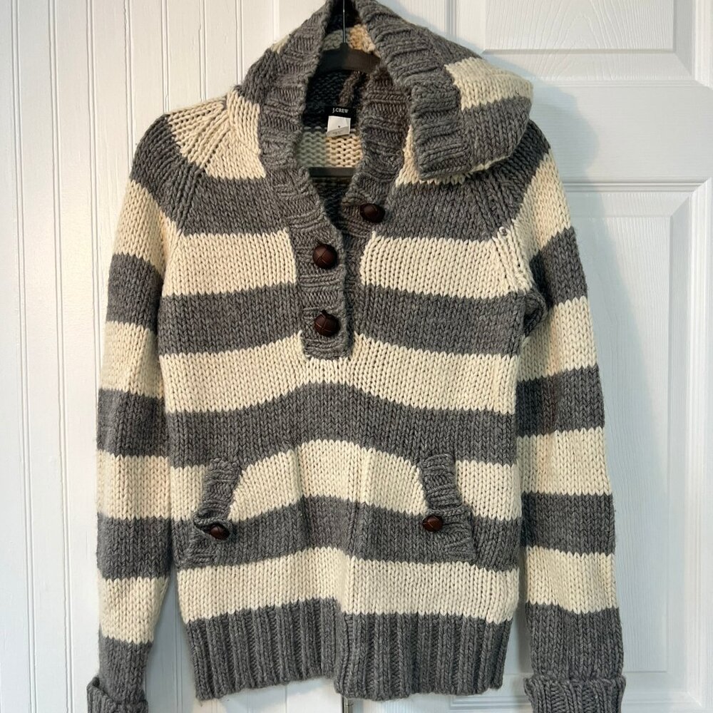 J Crew Gray & White Striped Hooded Wool & Alpaca Sweater Sweatshirt -Size Medium